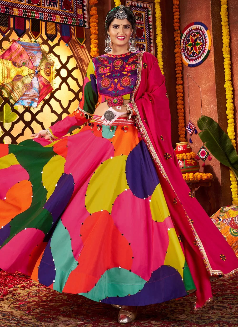 Simple Multi Color Georgette Maslin Navratri Chaniya Choli with Chanderi Dupatta