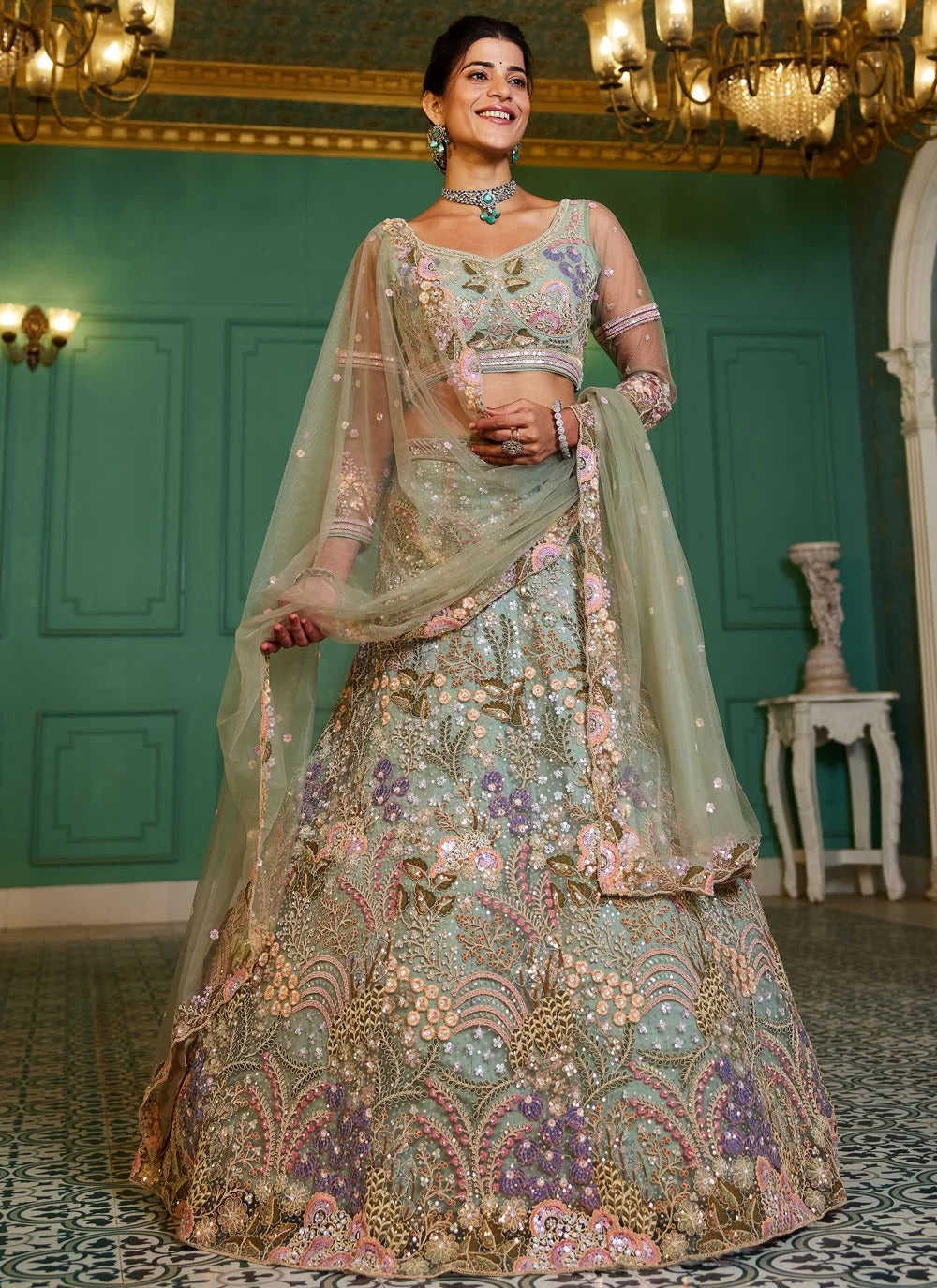 Stunning Lime Green Zarkan & Sequins Embroidered Net Lehenga Choli for Wedding Wear