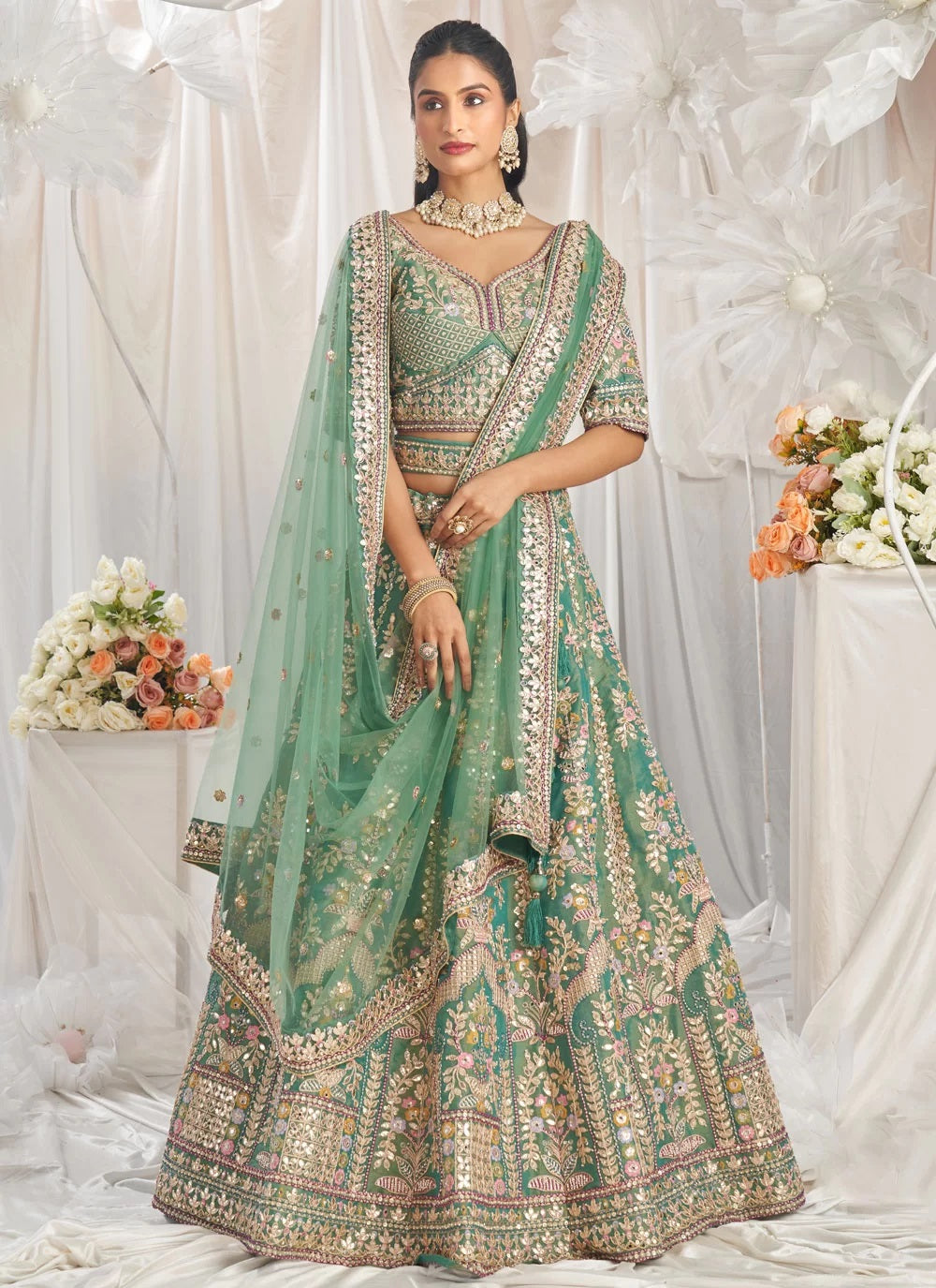 Stunning Sea Green Tissue Wedding Lehenga with Gota Patti Embroidery