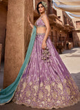 Lavender Satin Silk Lehenga Choli with Turquoise Embroidered Dupatta for Weddings