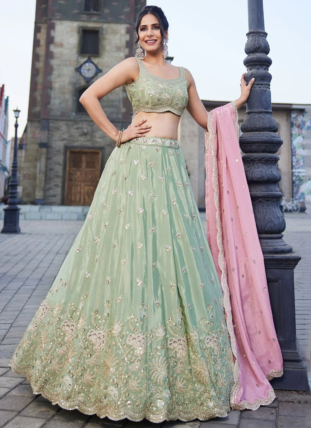 Stylish Lime Green Satin Embroidered Indian Lehenga Choli