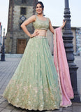 Stylish Lime Green Satin Embroidered Indian Lehenga Choli