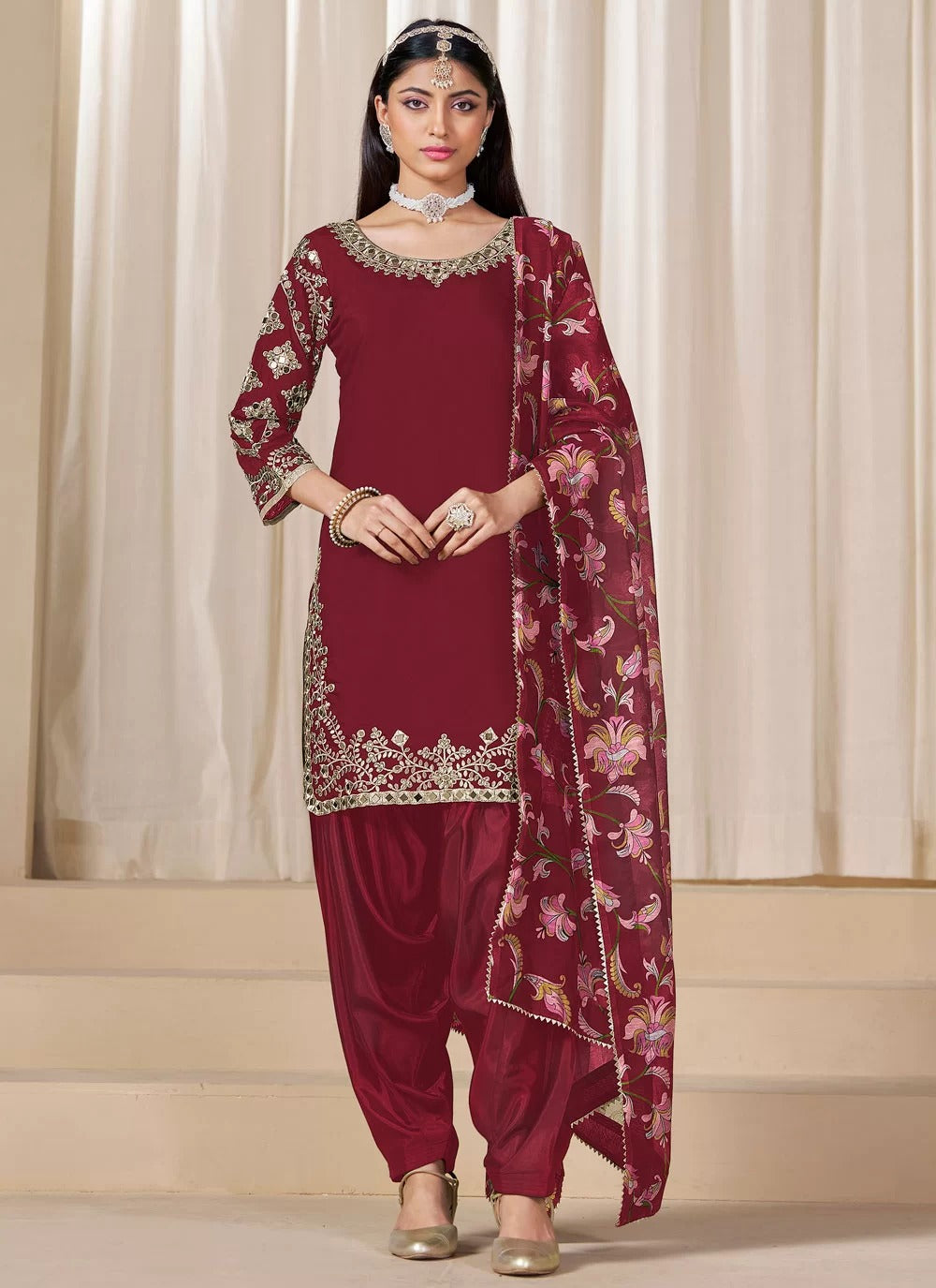 Maroon Mirror Work Punjabi Suit with Glass Detailing