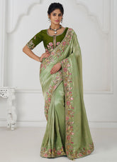 Stylish Mehendi Embroidered Dola Silk Saree for Party Wear