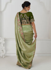 Mehendi Green Dola Silk Saree with Embroidery and Bird Motifs for Party Wear