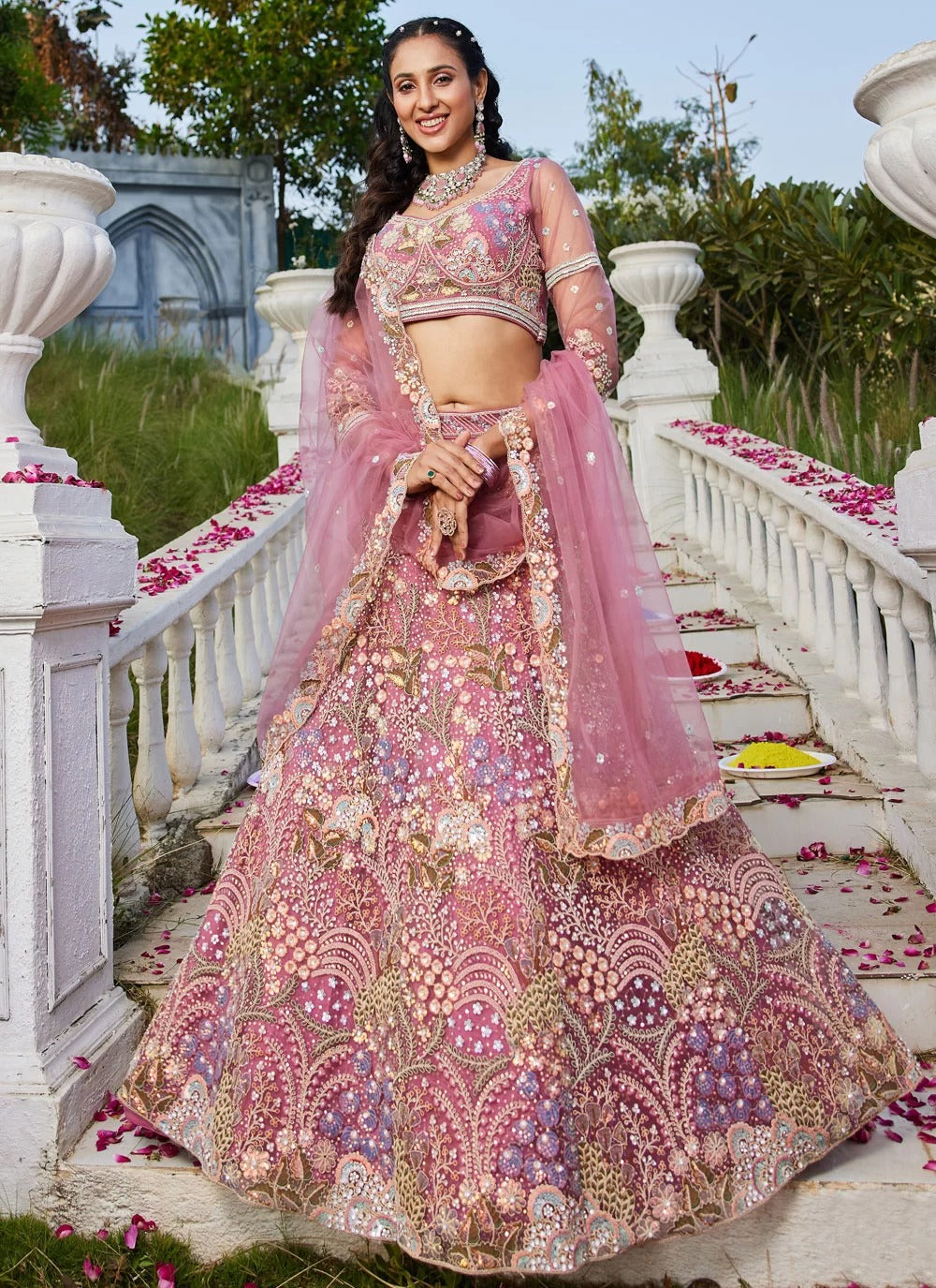 Stylish Pink Net Sequins Embroidered Lehenga Choli with Dupatta for Sangeet Function