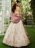 Purple Tissue Lehenga Choli with Cream Blouse and Green-Gold Embroidered Dupatta for Parties