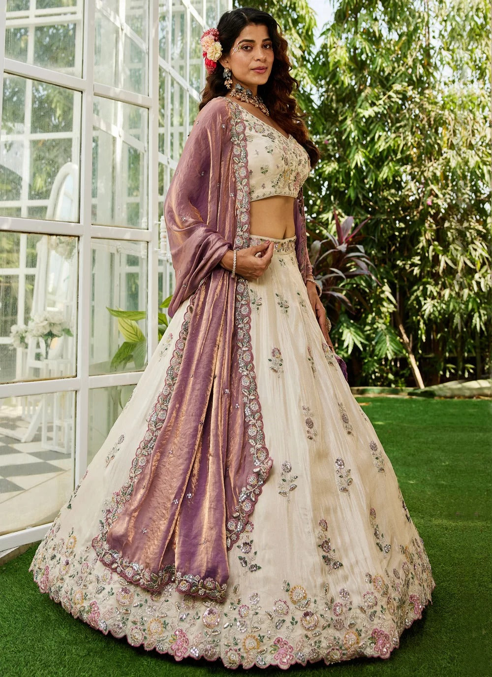 Stylish Purple Tissue Embroidered Lehenga Choli for Parties