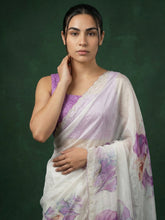 Lavender Fendy Satin Floral Printed Saree with Handwork Embroidery and Cutwork Aari Border