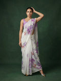 designer lavender saree with graceful drape and floral patterns
