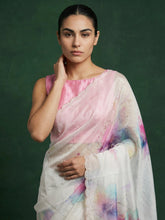 Pink Fendy Satin Floral Printed Saree with Handwork Embroidery and Cutwork Aari Border