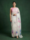 pink party wear fendy satin saree with floral handwork embroidery