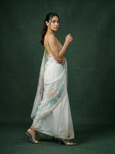 Yellow Fendy Satin Floral Printed Saree with Handwork Embroidery and Cutwork Aari Border