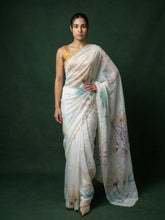 Yellow Fendy Satin Floral Printed Saree with Handwork Embroidery and Cutwork Aari Border