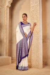 Divine White Saree with Purple Accents – Tradition Meets Luxury - Gunj Fashion