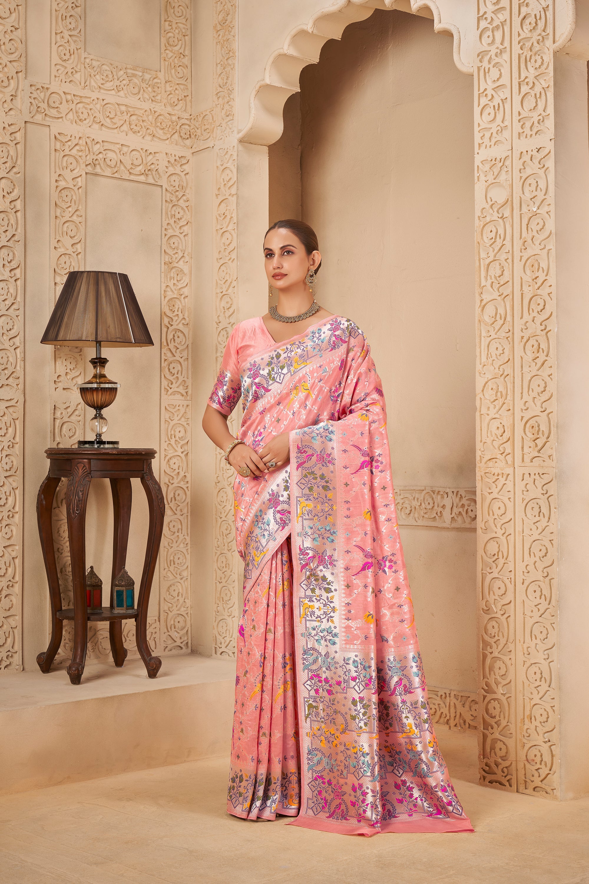 Peach Pink Saree with Silver Zari Border & Multicolor Weave - Gunj Fashion