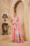 Peach Pink Saree with Silver Zari Border & Multicolor Weave - Gunj Fashion
