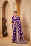 Royal Purple Saree with Silver Zari Border & Floral Weave - Gunj Fashion
