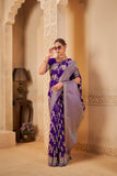 Royal Purple Saree with Silver Zari Border & Floral Weave - Gunj Fashion