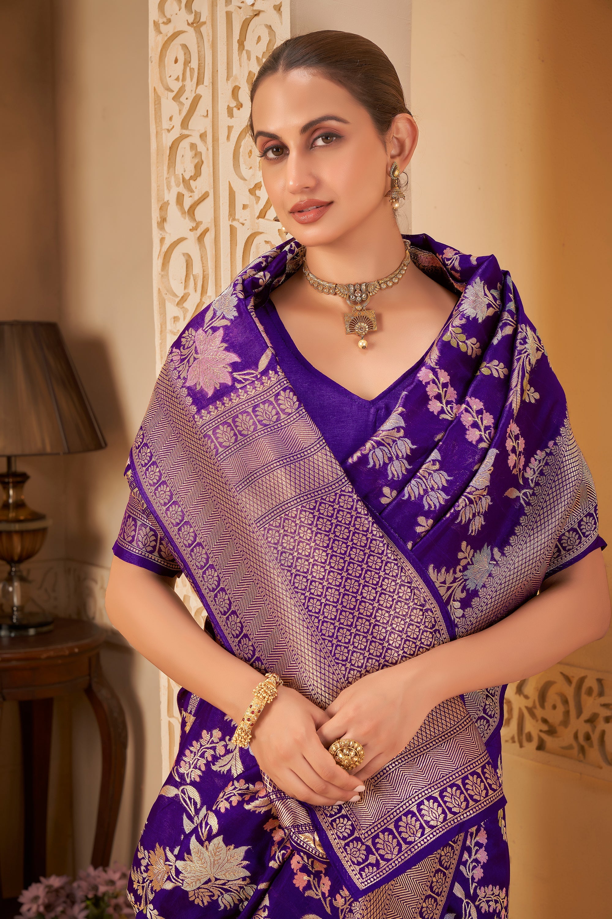 Royal Purple Saree with Silver Zari Border & Floral Weave - Gunj Fashion