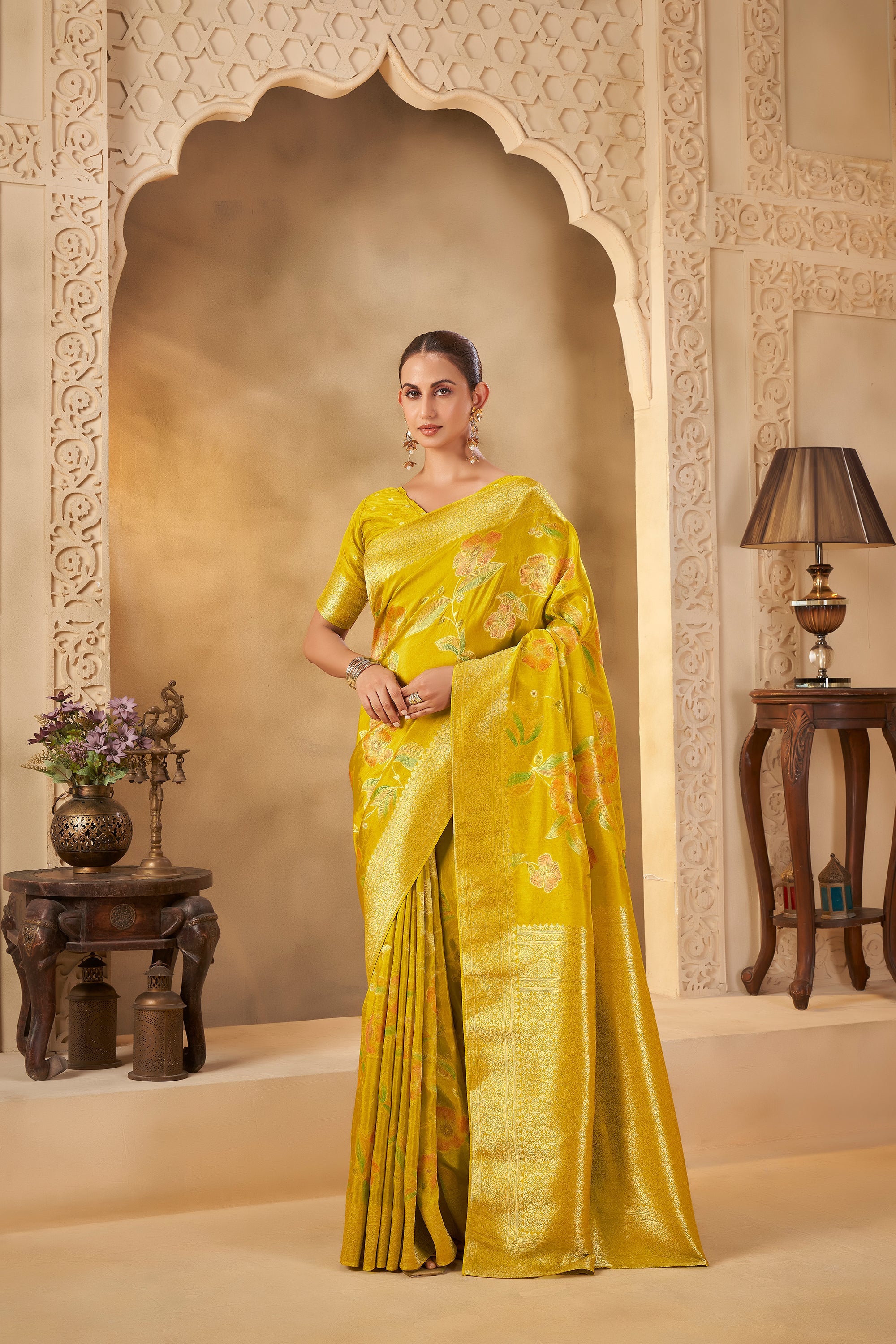 Mustard Yellow Saree with Elegant Floral Motifs & Festive Look - Gunj Fashion