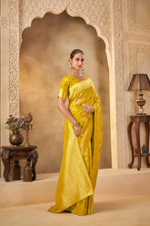 Mustard Yellow Saree with Elegant Floral Motifs & Festive Look - Gunj Fashion