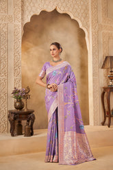 Elegant Purple Saree with Pastel Floral Design – Festive Wear - Gunj Fashion