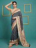 Black Soft Tussar Silk Saree Bandhani Floral Print Zari Border Traditional Saree With Blouse