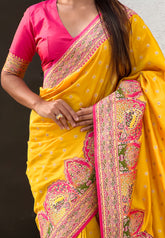 Traditional mustard silk saree with meenakari border