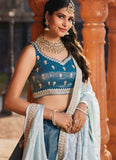 Trendy Blue Sequins & Moti Embroidered Tissue Mehendi Lehenga Choli with Dupatta