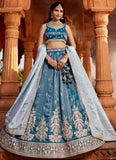 Trendy Blue Sequins & Moti Embroidered Tissue Mehendi Lehenga Choli with Dupatta