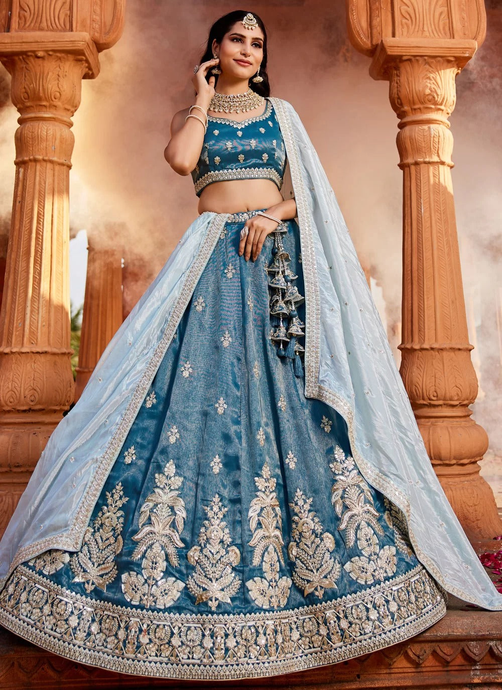 Trendy Blue Sequins & Moti Embroidered Tissue Mehendi Lehenga Choli with Dupatta