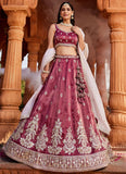Trendy Burgundy Tissue Fusion Sangeet Lehenga Choli with Moti & Sequin Work