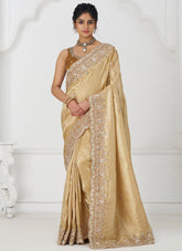 Trendy Golden Aari Work Dola Silk Saree for Indian Weddings