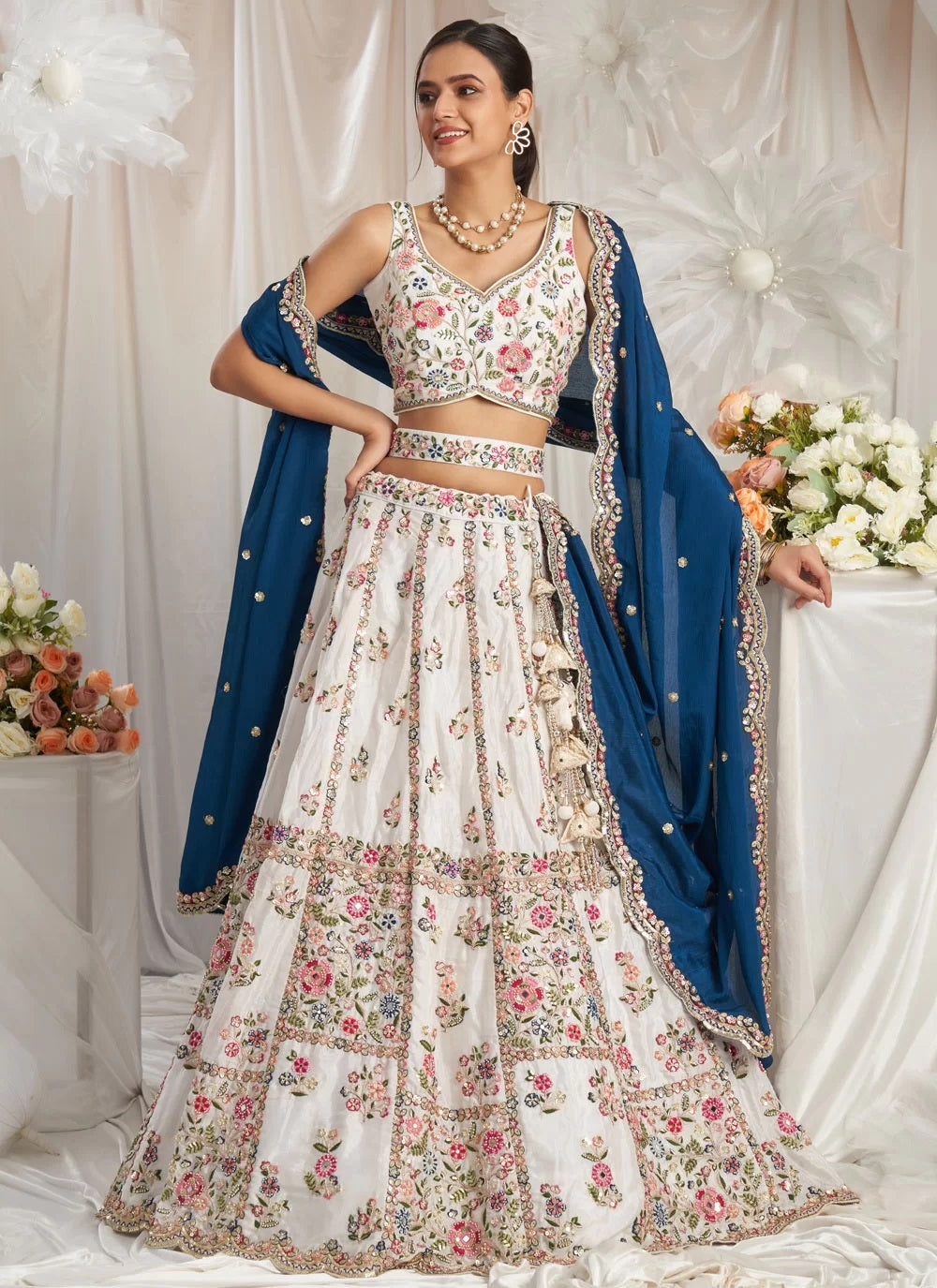 Trendy Navy Blue Moti & Sequins Embroidered Georgette Party Wear Lehenga Choli