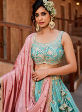 Turquoise Blue Satin Wedding Wear Lehenga Choli with Embroidered Dupatta