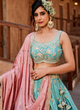Turquoise Blue Satin Wedding Wear Lehenga Choli with Embroidered Dupatta