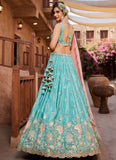 Turquoise Blue Wedding Lehenga Choli with Lavender Embroidered Blouse