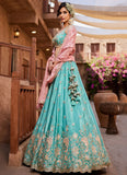 Turquoise Blue Wedding Lehenga Choli with Lavender Embroidered Blouse