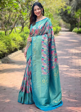 Turquoise Kanchipattu Silk Party Wear Saree with All-Over Weaves & Contrast Border