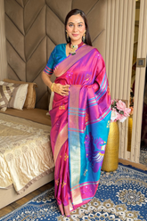 Wine Soft Silk Ikkat Patola Saree with Meenakari Motifs Peacock Pallu and Gold Zari Border