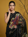 party wear floral satin saree with intricate aari handwork detail