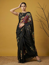 fendy satin saree with multicolor floral digital print and embroidery work
