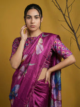 elegant dark pink satin saree with cutwork aari border and piping