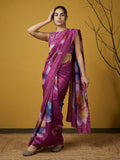 party wear dark pink floral saree with detailed embroidery work