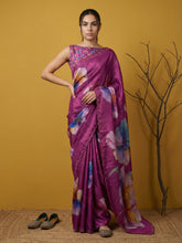 dark pink fendy satin saree with floral print and handwork embroidery