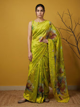 mehendi green fendy satin saree with floral print and handwork embroidery