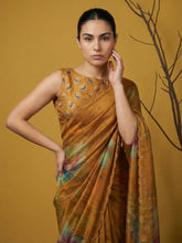 elegant satin saree with cutwork aari border and piping detail