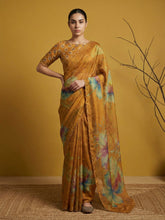 fendy satin saree with floral print and handwork embroidery