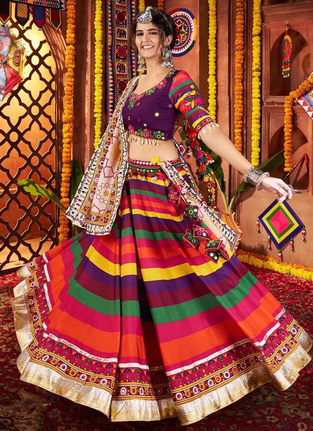 Multi-Color Georgette Maslin Chaniya Choli with Chanderi Dupatta for Navratri Garba